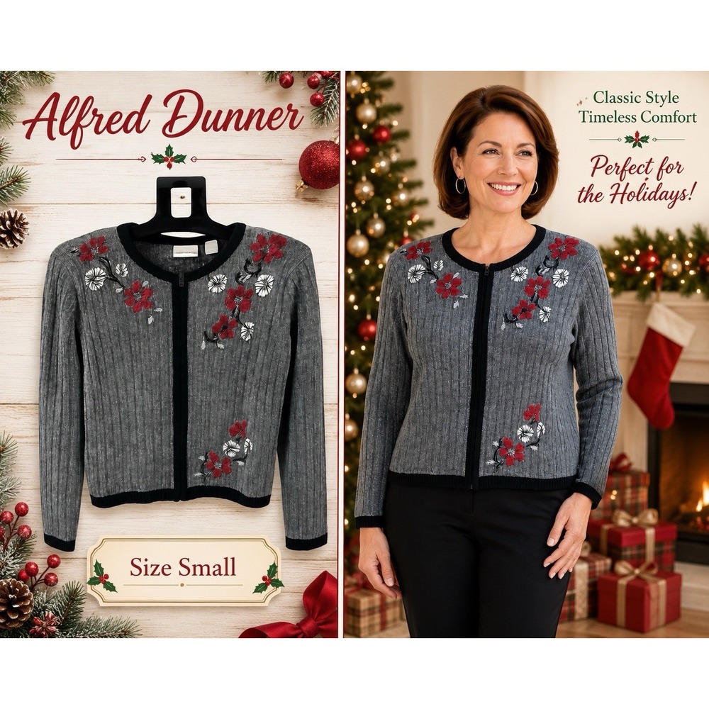 Alfred Dunner Gray Cable Chenille Zip Cardigan Holiday Sweater Poinsettas Sz S